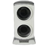 White double watch winder with two vertically arranged glass display windows and black winding holders