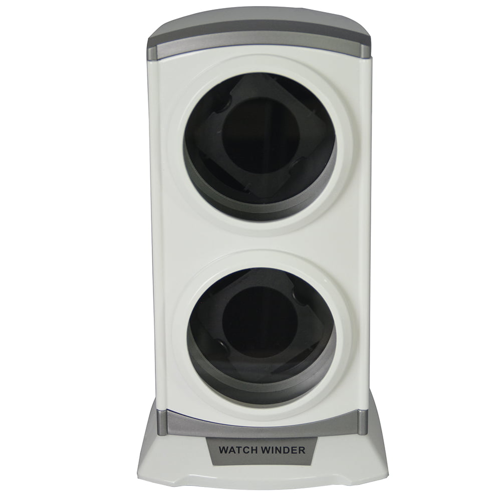 White double watch winder with two vertically arranged glass display windows and black winding holders
