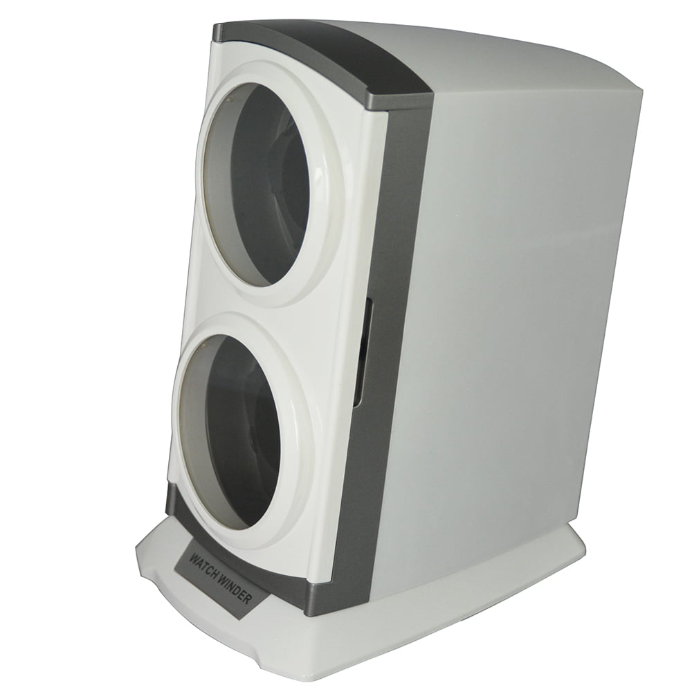 White double watch winder with two vertically arranged glass display windows and black winding holders