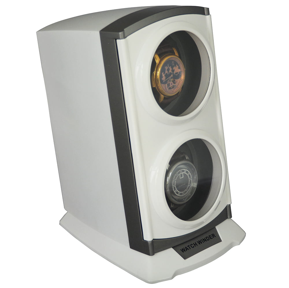 White double watch winder displaying two watches through vertically arranged glass windows