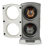 Double watch winder with open magnetic glass door and two black winding positions holding watches