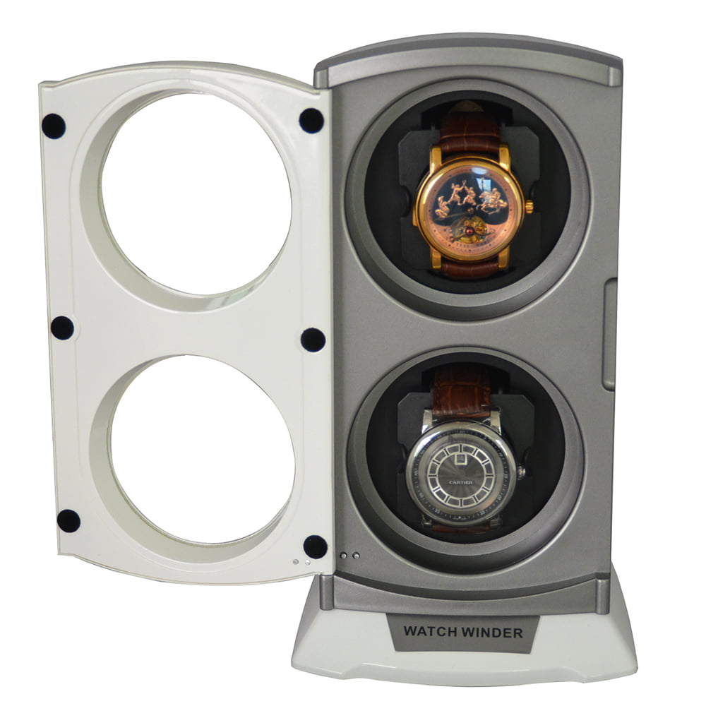 Double watch winder with open magnetic glass door and two black winding positions holding watches