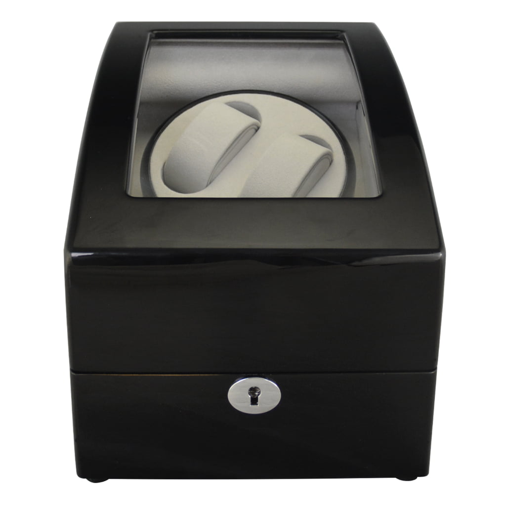 Watch storage and winder box with black glossy exterior and tempered glass display