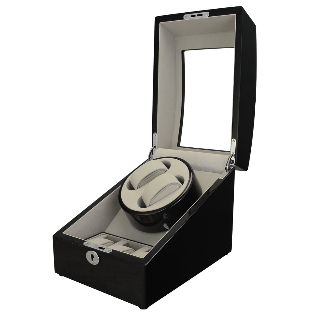 Watch storage and winder box with premium black lacquer finish and display window