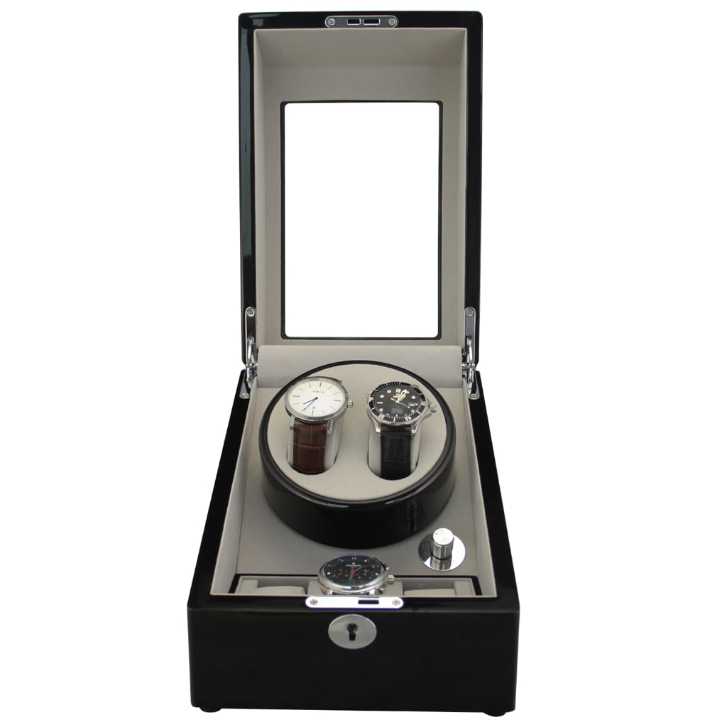 Watch storage and winder box open view with grey PU leather interior