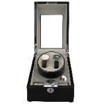 Watch storage and winder box open view with grey PU leather interior