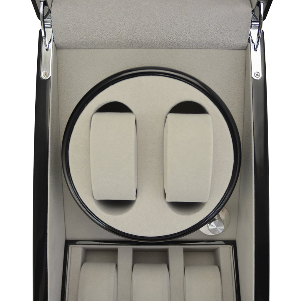 Watch storage and winder box showing winding positions and storage compartments