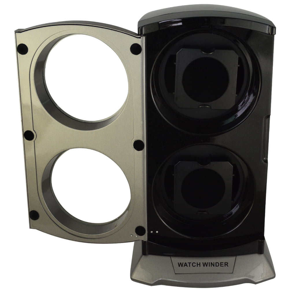 Grey double watch winder with front panel open showing two black winding positions