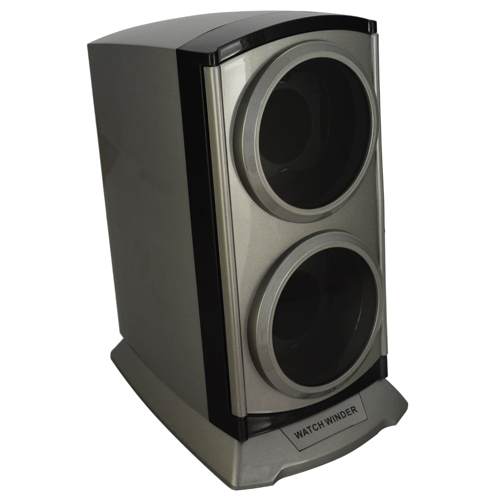 Grey double watch winder with two circular glass windows shown from an angled view