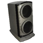 Grey double watch winder with two circular glass windows shown from an angled view