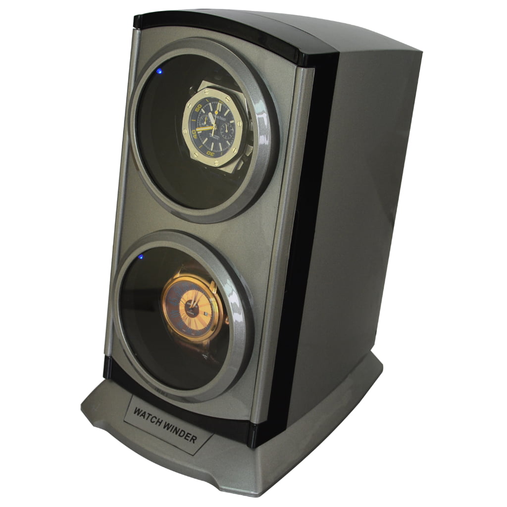 Grey double watch winder displaying two watches behind circular glass windows