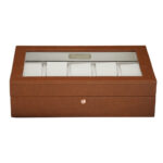 Brown leather 10 watch case with acrylic display window and beige interior