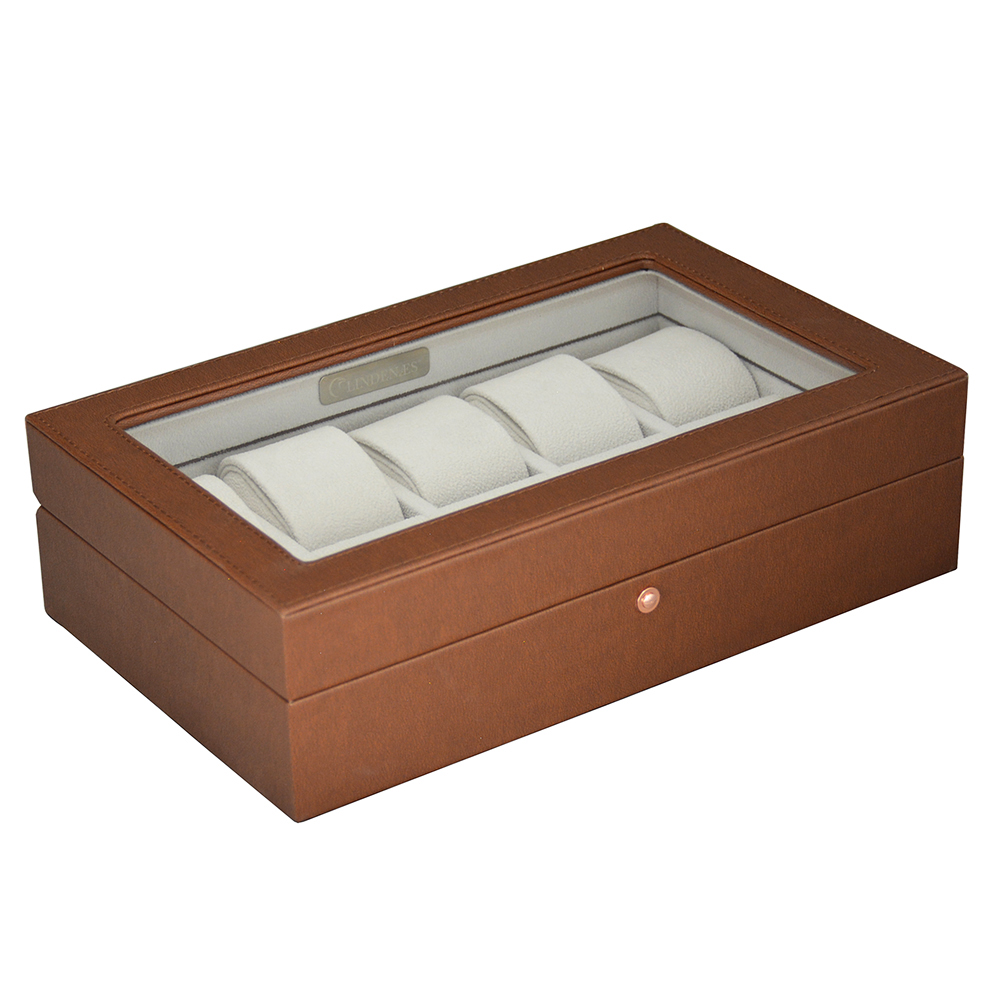 Brown leather watch storage box with transparent display window and watch cushions