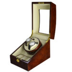 Watch winder display box angled view with premium lacquer finish and glass display