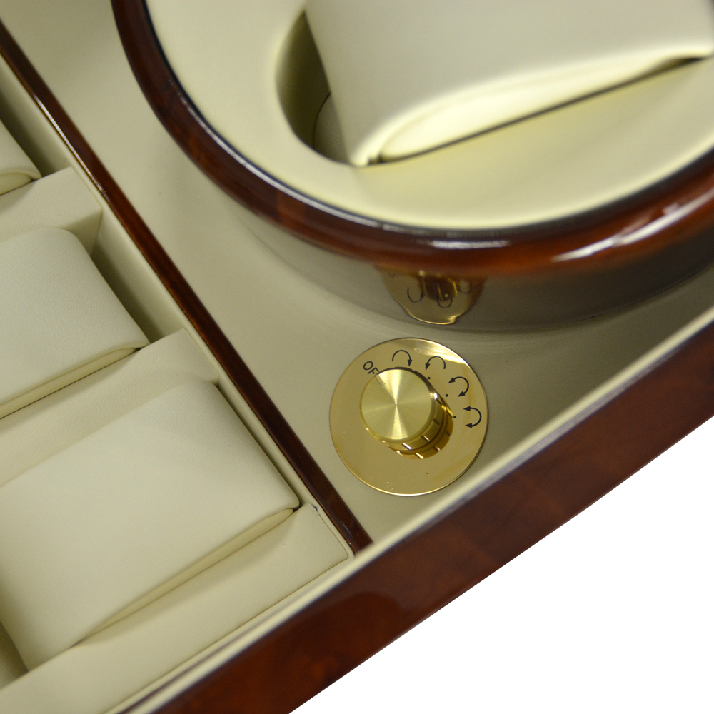 Watch winder display box knob detail with lacquered exterior craftsmanship