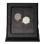 Wood veneered watch winder case with black interior display area