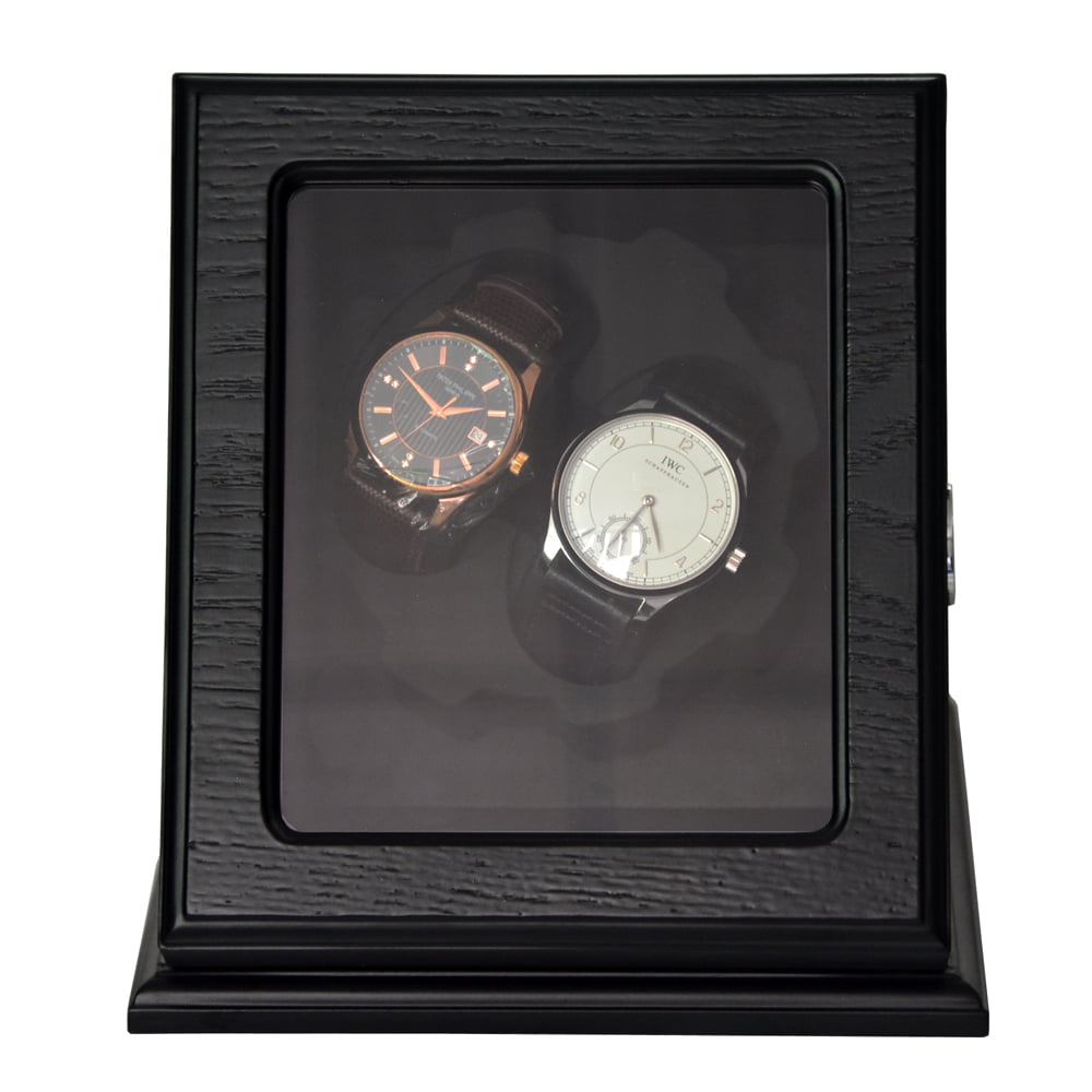 Wood veneered watch winder case with black interior display area