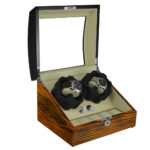 Automatic watch display box open view with beige PU leather interior