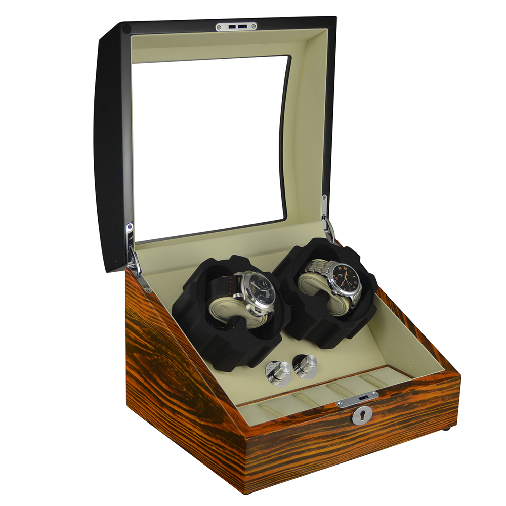 Automatic watch display box open view with beige PU leather interior