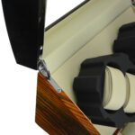 Luxury watch display box hinge detail with PU leather wrapped MDF finish