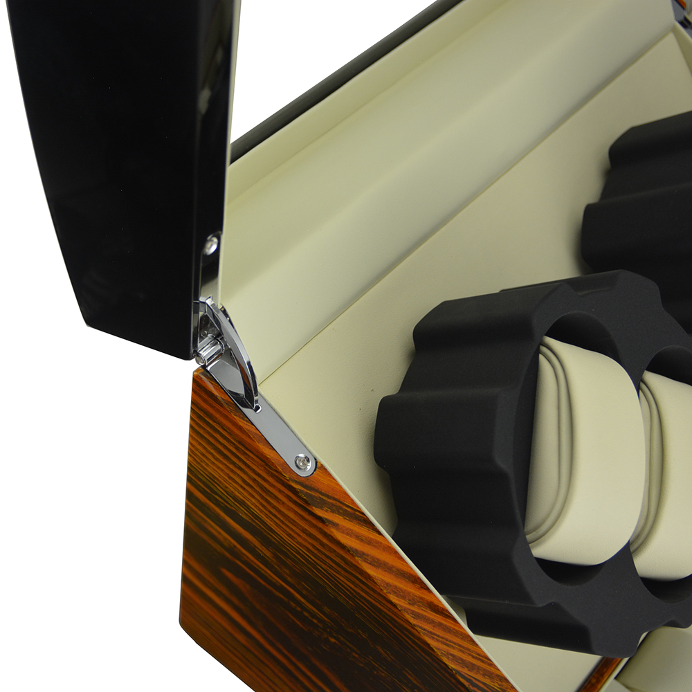 Luxury watch display box hinge detail with PU leather wrapped MDF finish