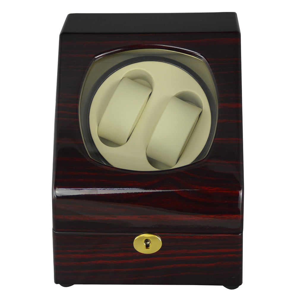 Closed ebony 2-watch winder with high-gloss finish, tempered glass window and front hardware lock