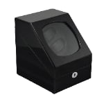 Closed black 2-watch winder with high-gloss lacquered exterior and tempered glass display window