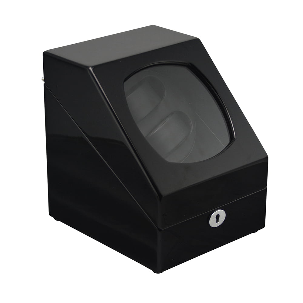 Closed black 2-watch winder with high-gloss lacquered exterior and tempered glass display window