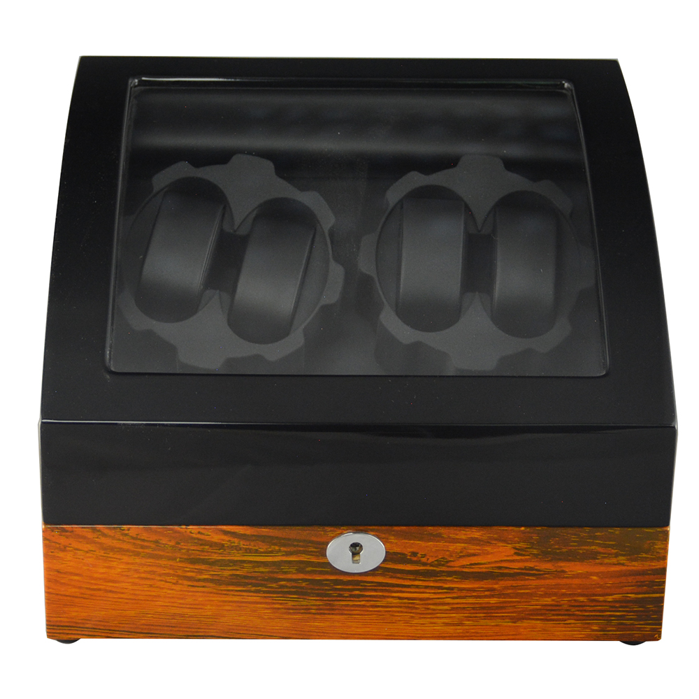 Luxury watch winder box with black zebra wood grain exterior and tempered glass display window