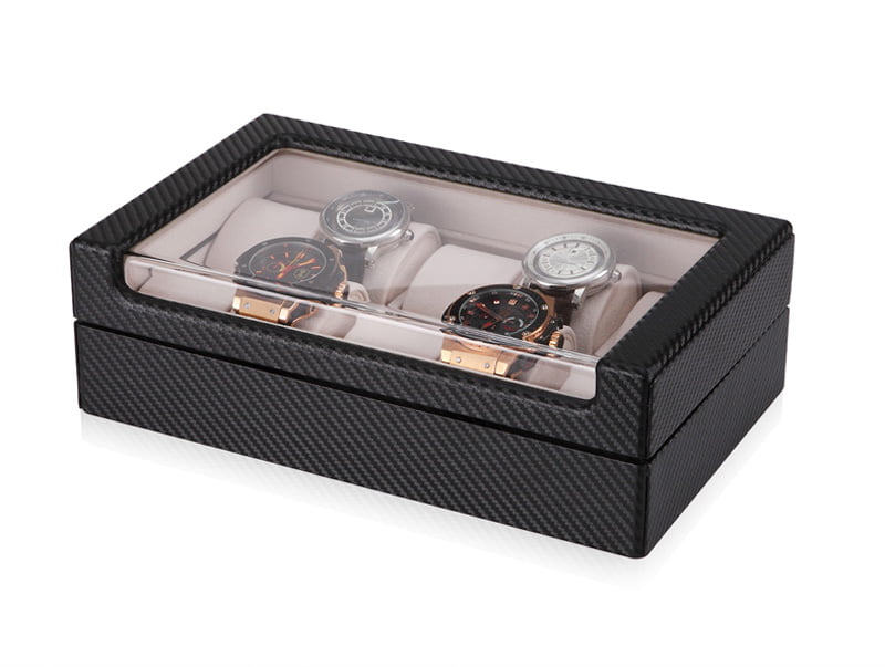 Carbon fiber watch box front view with transparent display window