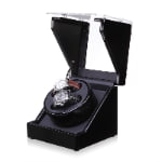 Black watch winder angled view with acrylic display cover