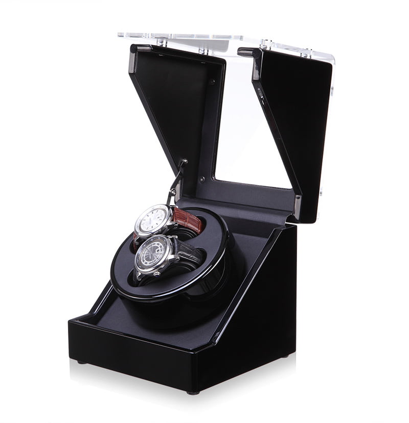 Black watch winder angled view with acrylic display cover