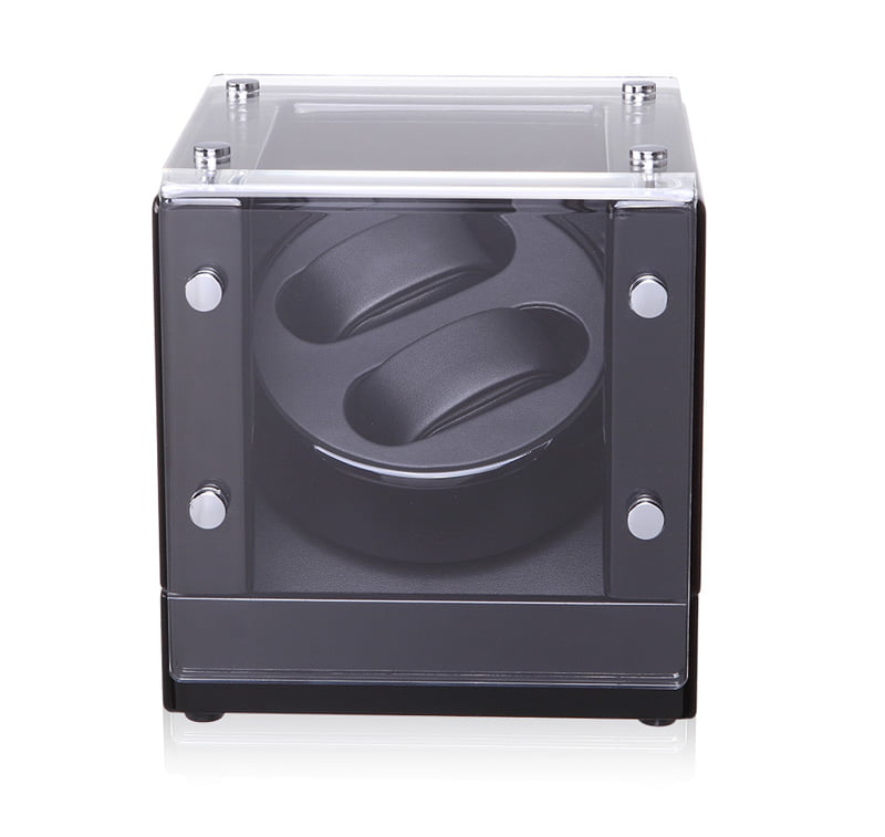 Black watch winder with acrylic display window and watch cushions