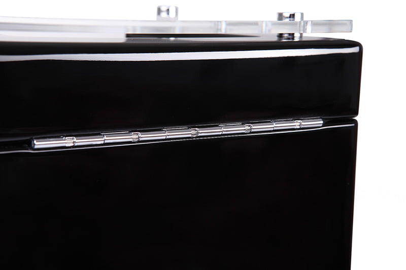 Black watch winder lid hinge detail with glossy exterior finish