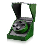 Green automatic watch winder angled view with transparent display cover