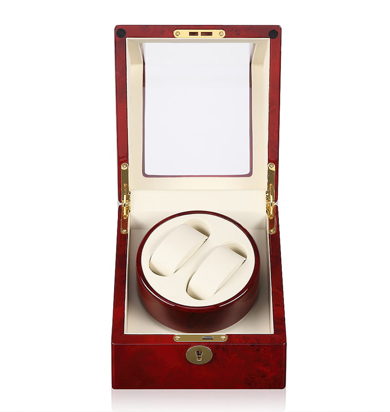 Red lacquer watch winder with beige interior and acrylic display window