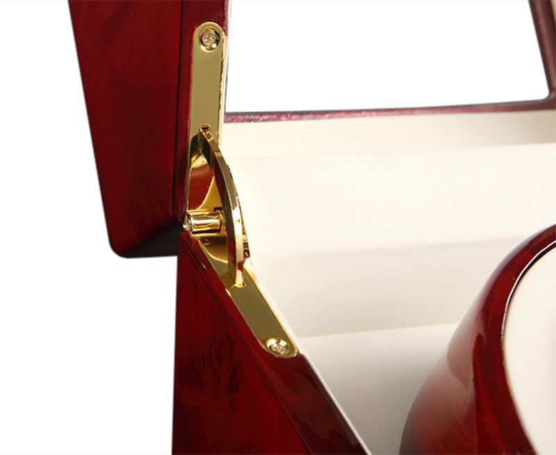 Watch winder gold hinge hardware detail on lacquered case