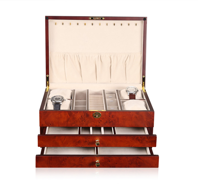 Wooden jewelry organizer box open with multiple drawers and compartments