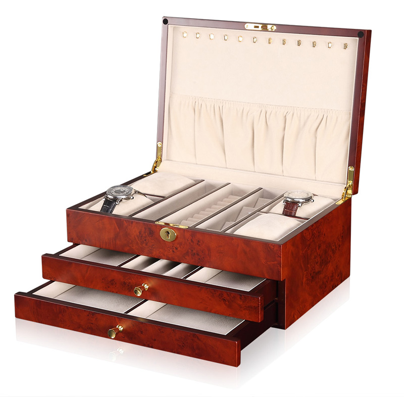 Wooden jewelry storage box with layered trays and velvet interior