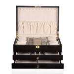 Matte black jewelry organizer box open with multiple storage compartments