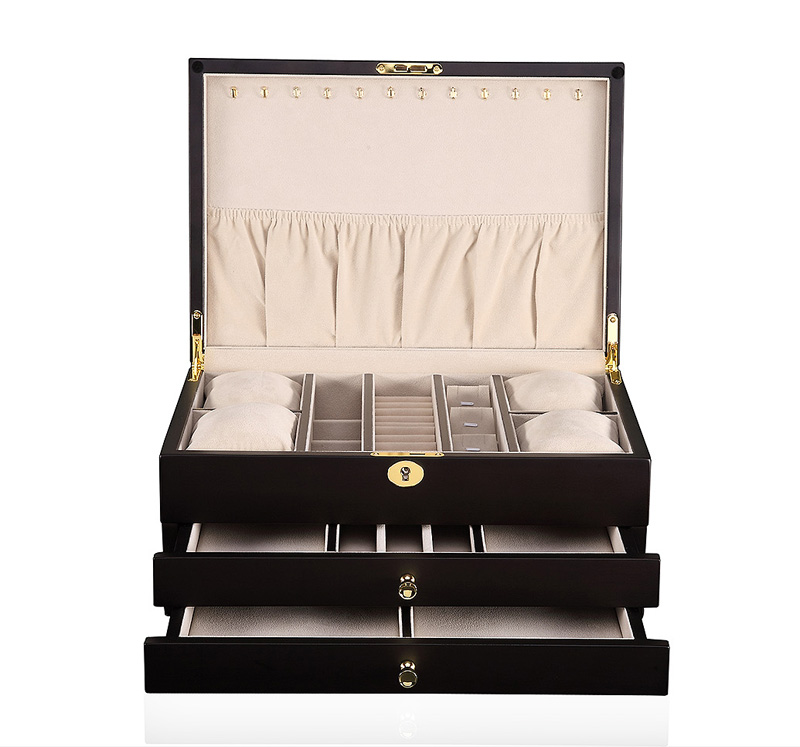 Matte black jewelry organizer box open with multiple storage compartments