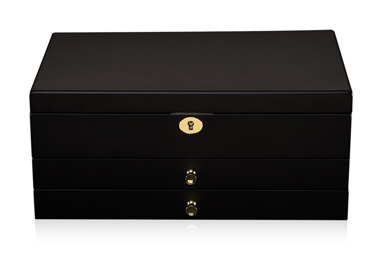 Black jewelry organizer box closed with matte lacquer exterior