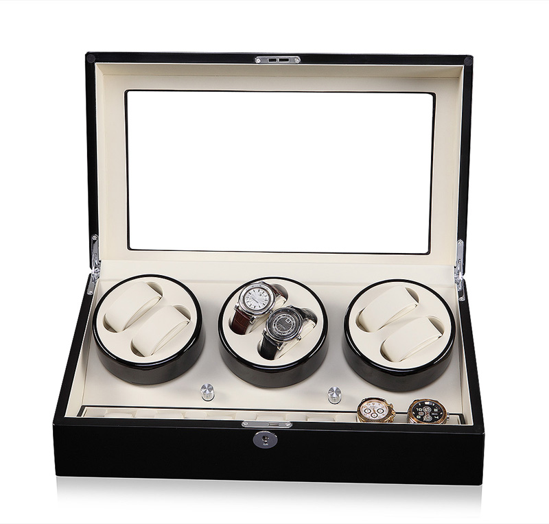 Premium watch winder storage case with tempered glass window and organized interior layout