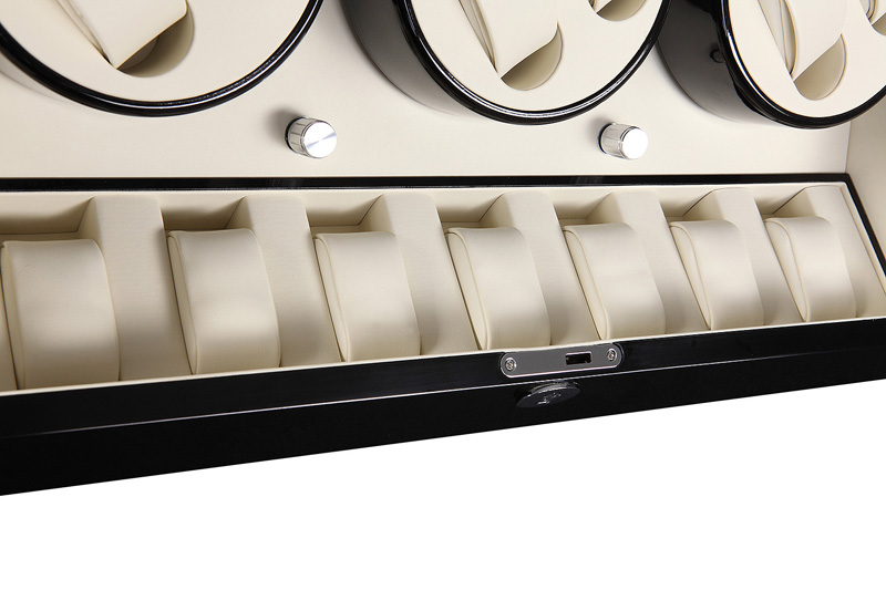 Premium watch winder storage case showing winding positions and watch storage compartments