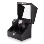 Black wood watch winder case open view with watch holders