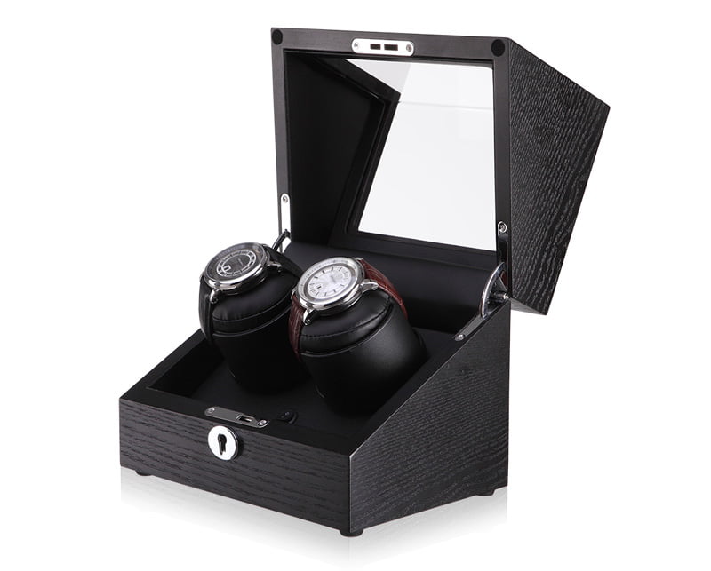 Black wood watch winder case open view with watch holders