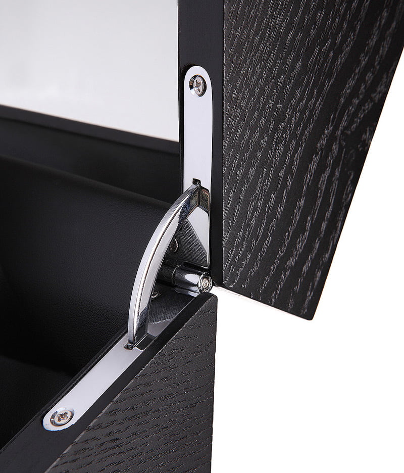 Watch winder case hinge detail with black wood finish