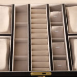 Jewelry organizer interior layout with compartments and storage sections
