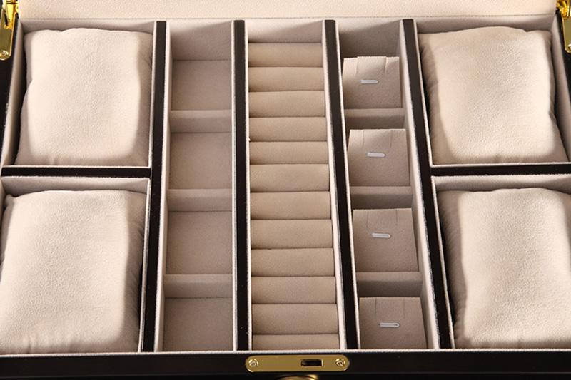 Jewelry organizer interior layout with compartments and storage sections