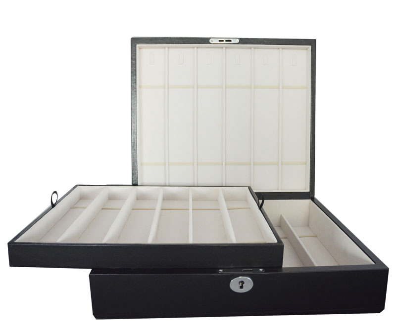 Double tray leather watch strap box with multiple storage sections